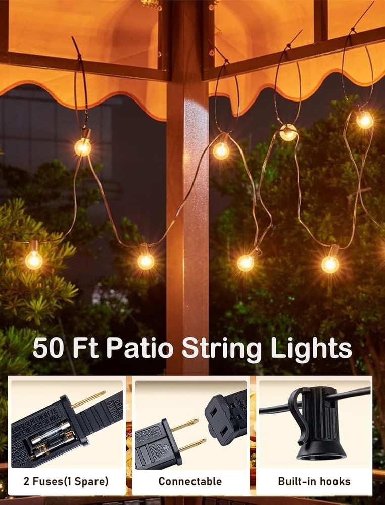 50FT G40 Globe String Lights Outdoor Patio String Lights W/ 53 Edison Globe