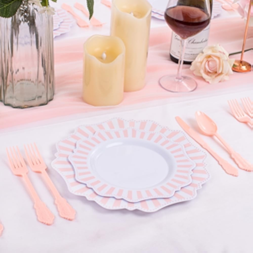 Disposable Pink and White Stripped Plastic Plates and Sierware