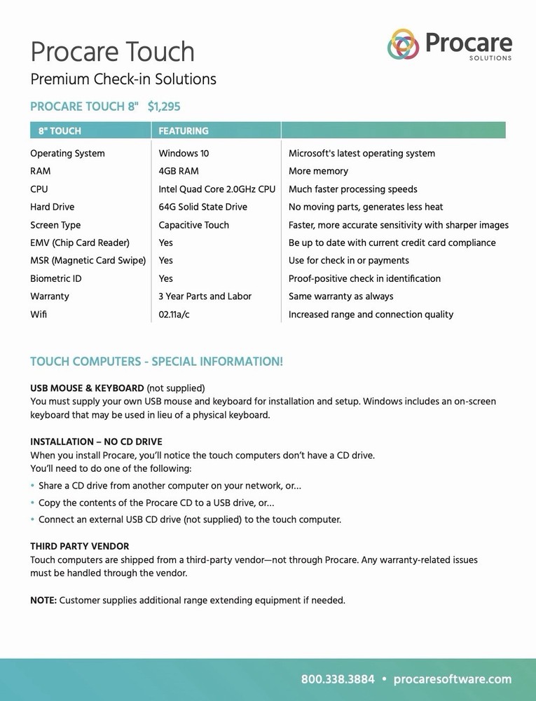 Procare 8” Flat Screen Software Computer / Touchscreen With Mount Brand New
