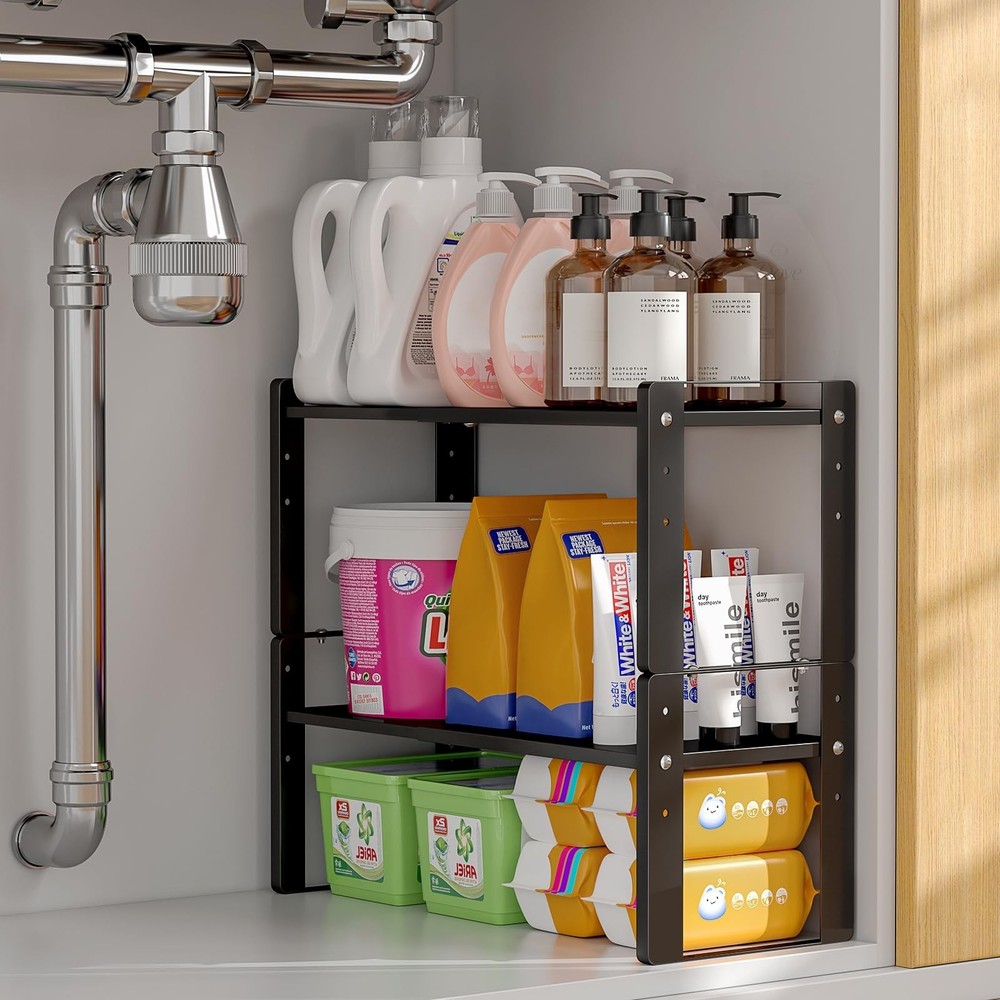 2 Pack Expandable Kitchen Cabinet Organizer Shelves, Stackable Heavy Duty Met...