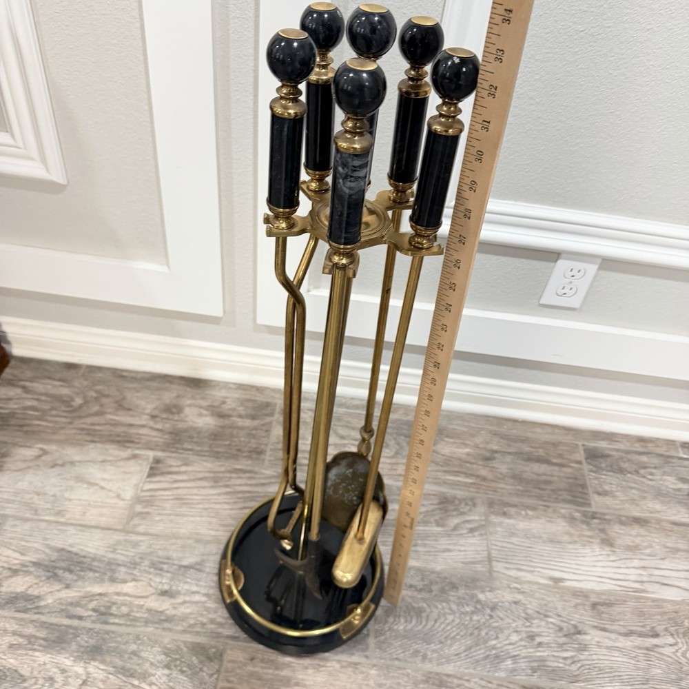 VTG Black Marble Handles And Base Brass Fireplace Tool Set