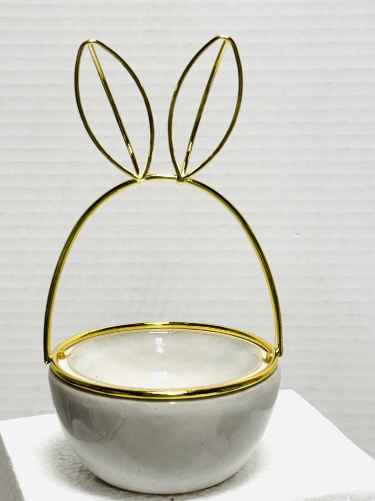 Easter Bunny Oval Trinket Candy Bowl Rabbit Ceramic Brass Handle 6x3”
