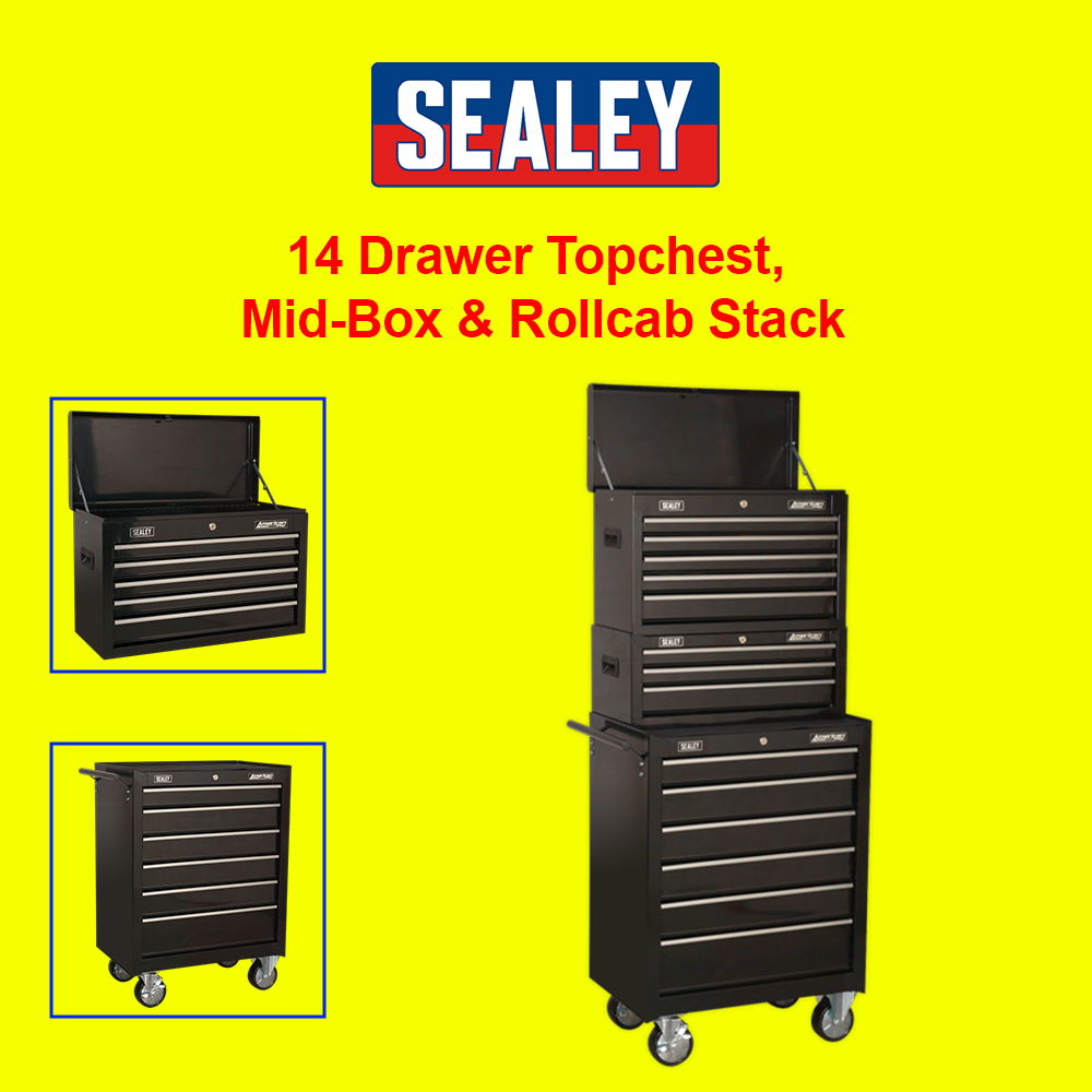 Sealey AP22BSTACK Black Topchest & Mid-Box & Rollcab 14 Drawer Stack