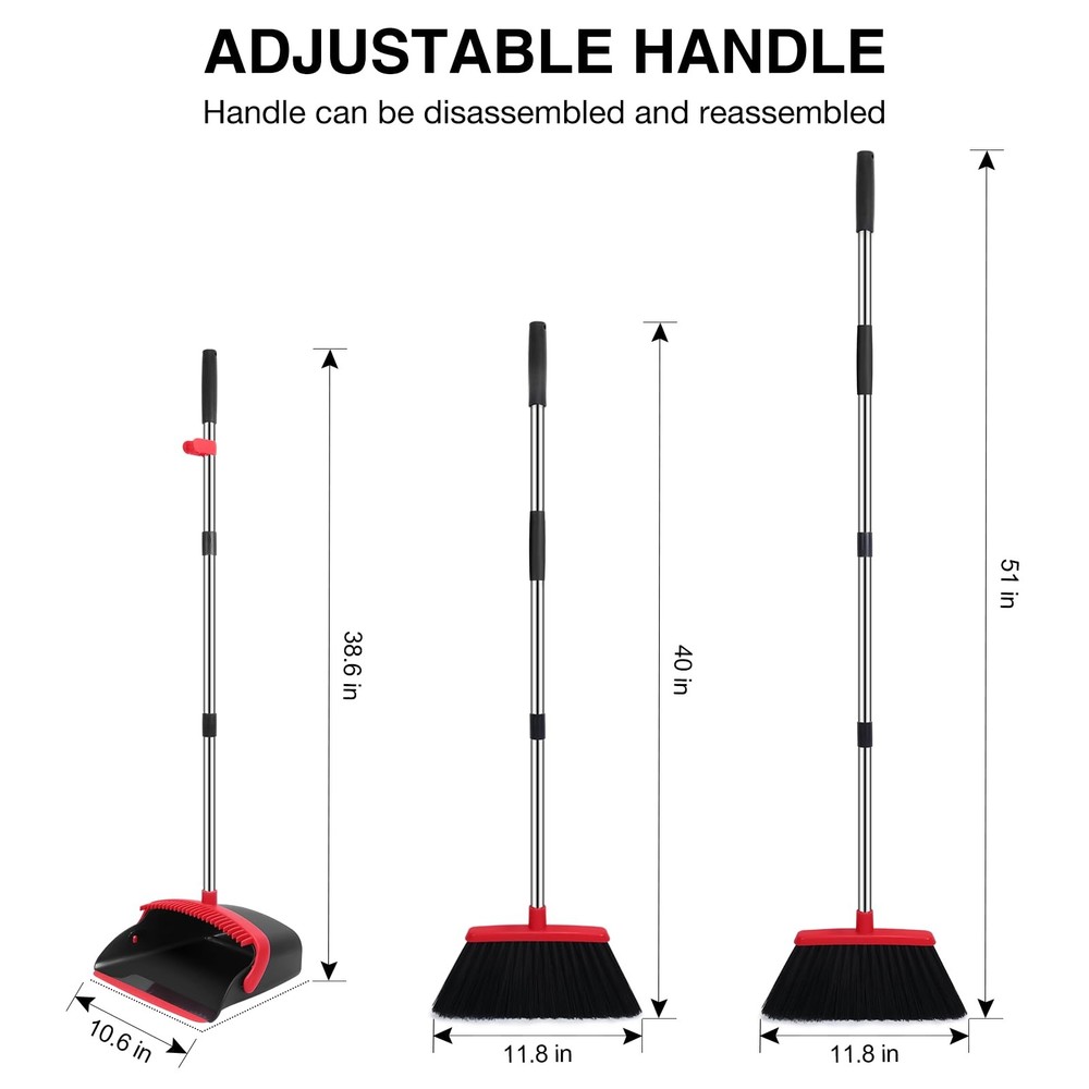 Broom and Dustpan Set, 52-in Long Adjustable Handle Broom Dustpan Combo with ...