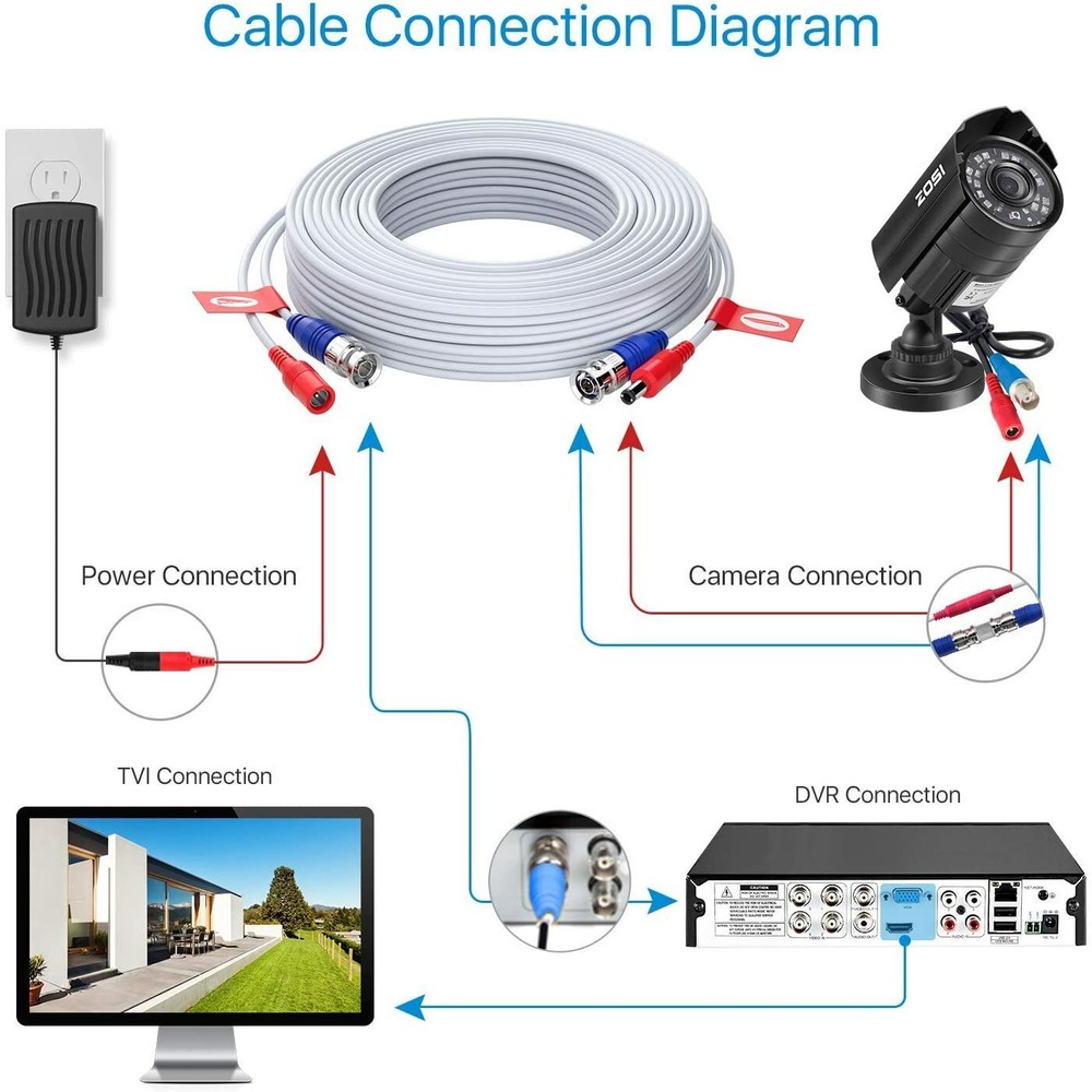 ZOSI 4PCS 60FT/100FT/150FT BNC Video Power Cable for Security Camera System