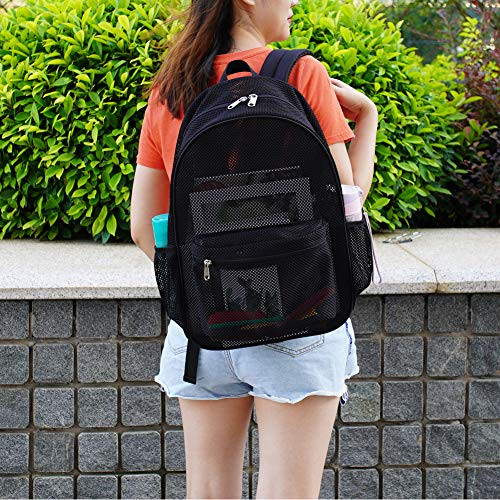 Heavy Duty Mesh Backpack, See Through College Backpack with Padded Black