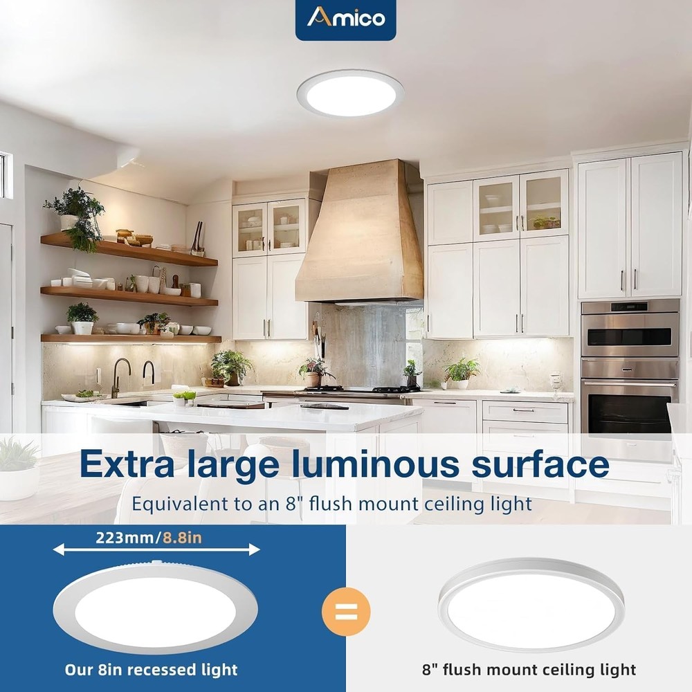 Amico 6-Pack 8" 5CCT Ultra-Thin Dimmable LED Recessed Ceiling Light w/J-Box