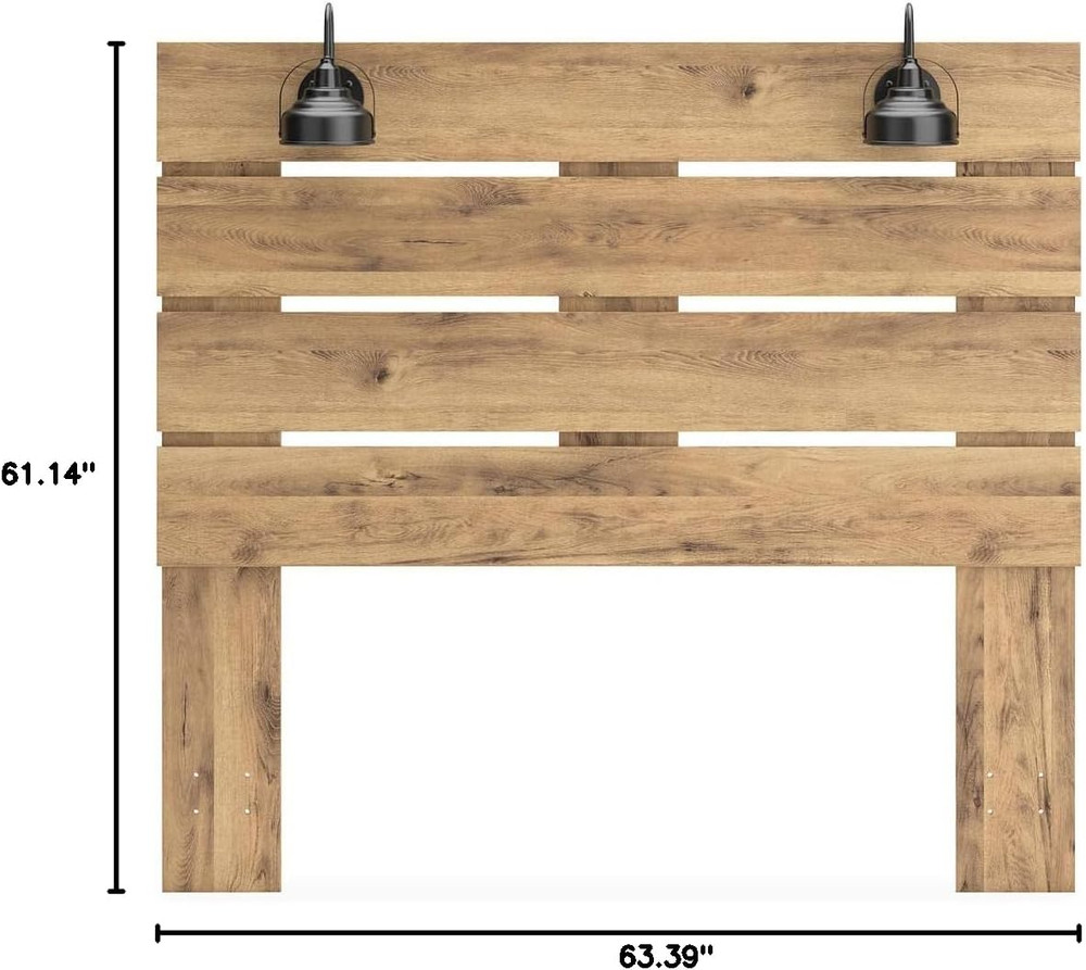 Rustic Queen Headboard with 2 Sconce Lights - Light Brown Finish