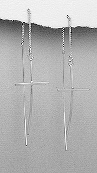 Solid Sterling Silver Threader Cross Dangle Earrings 80mmX16mm Something Special