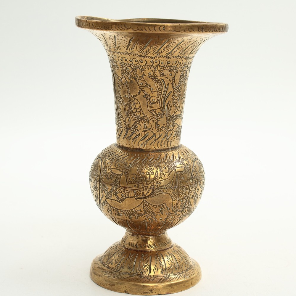 Indian Brass Vase Etched Decorations Bulbous Shape