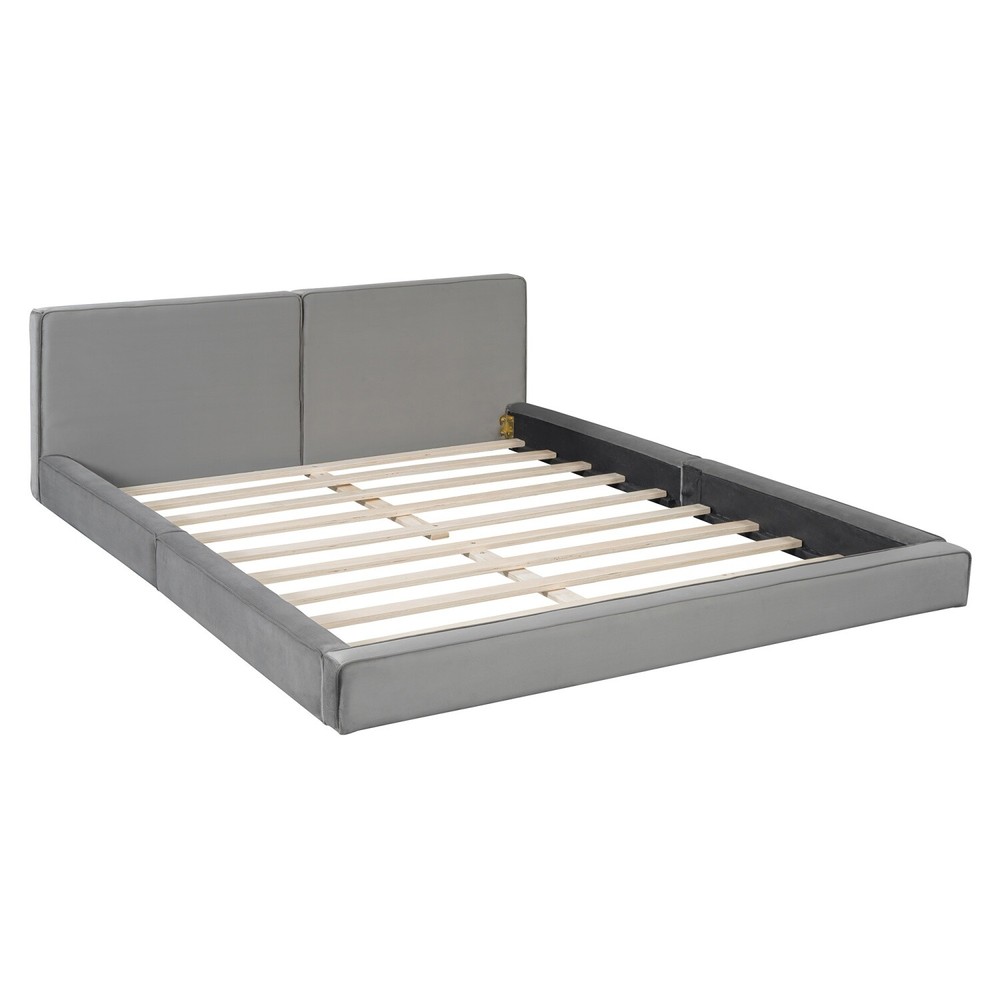 Queen Size Bed Frame Velvet Upholstered Platform Bed w/ Headboard Gray