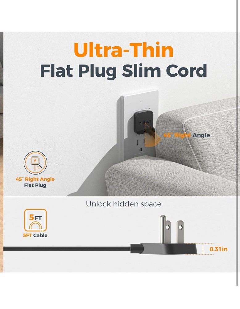 TESSAN Black Extension Cord 5 Ft, Flat Surge Protector