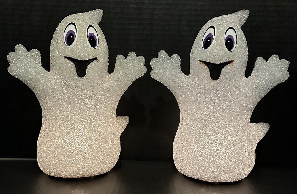 Set Of 2 Halloween Ghost Melted  Popcorn Plastic Working Light White 10" **READ