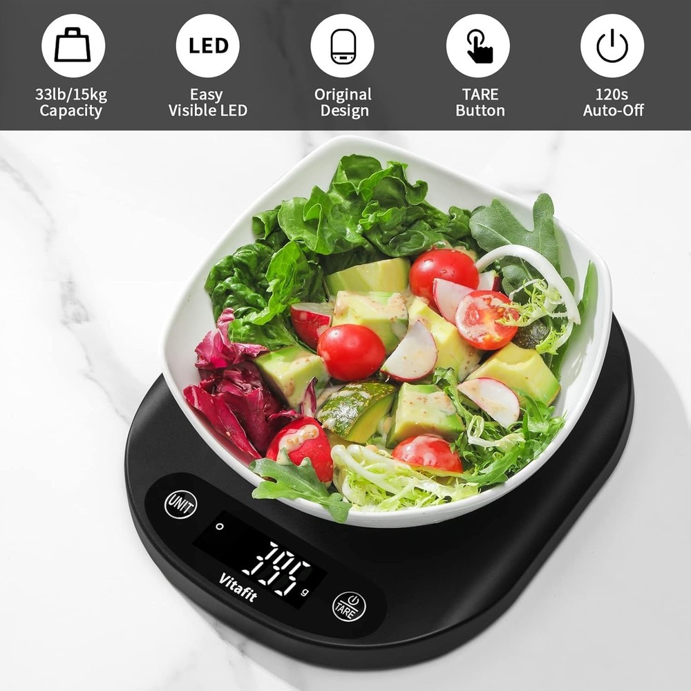 Compact Kitchen Scale 33lb - LED Backlit Display & Membrane Buttons for Easy Use
