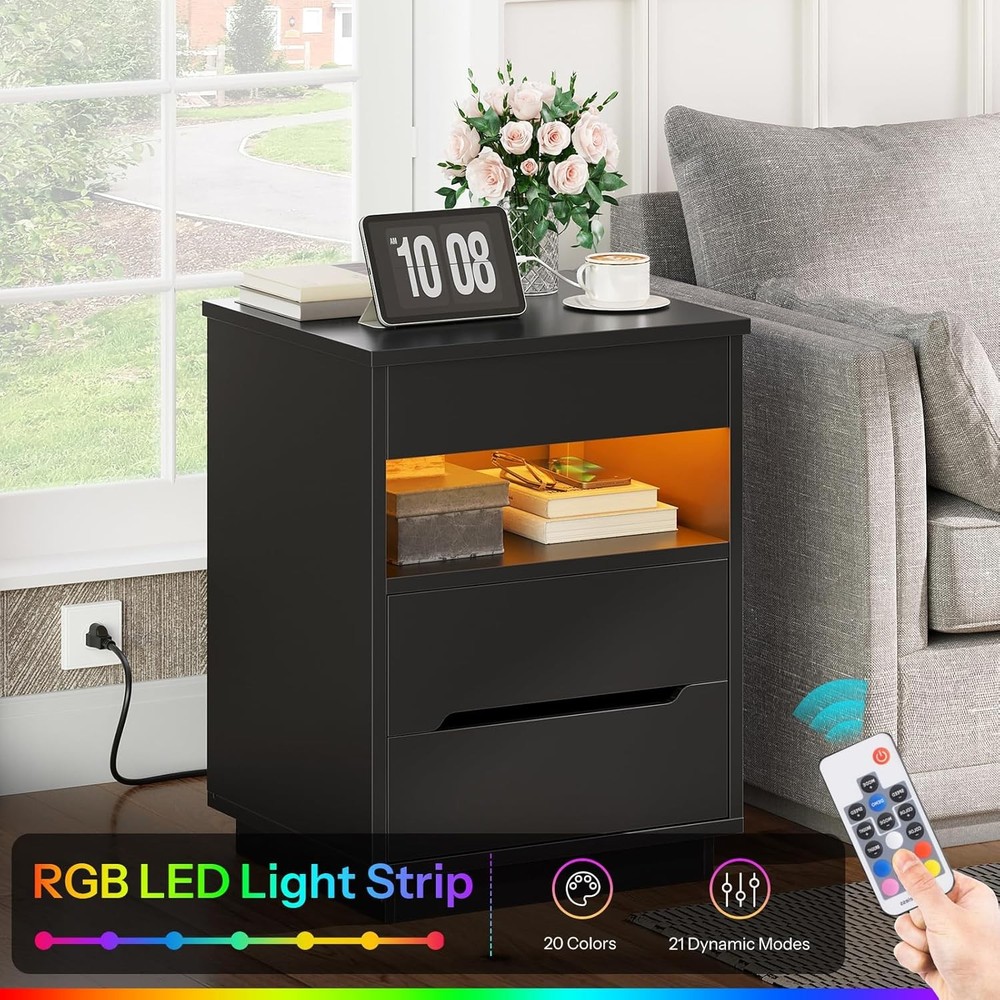 LED Nightstand with Charging Station Black