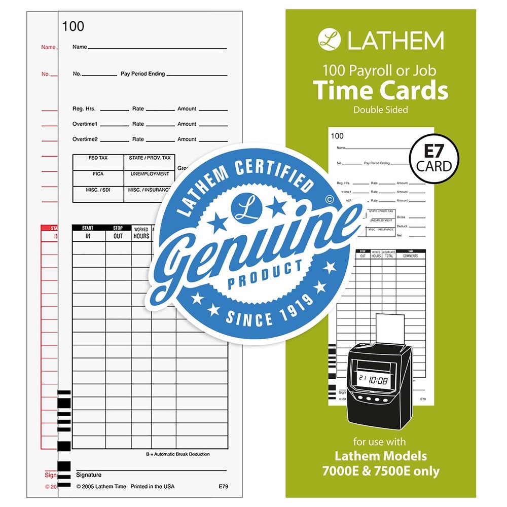 Lathem Universal Payroll/Job Time Cards, Double-Sided, For 100 Pack, White