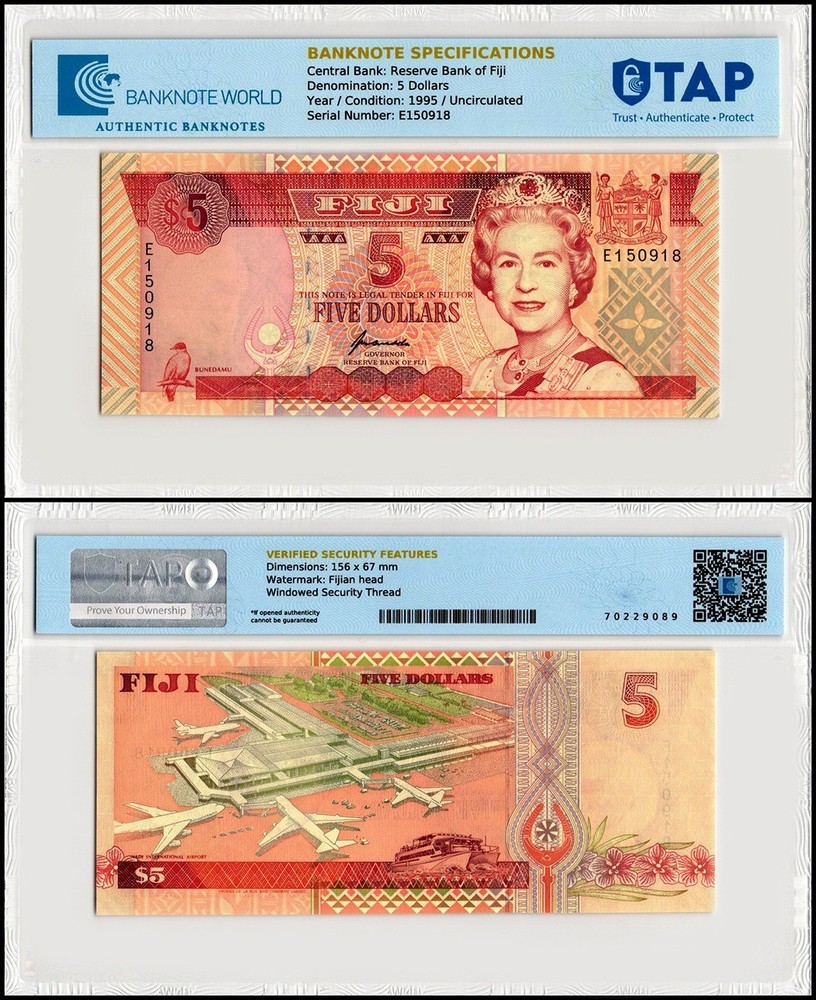 Fiji 5 Dollars, 1995, P-97a, UNC, TAP Authenticated