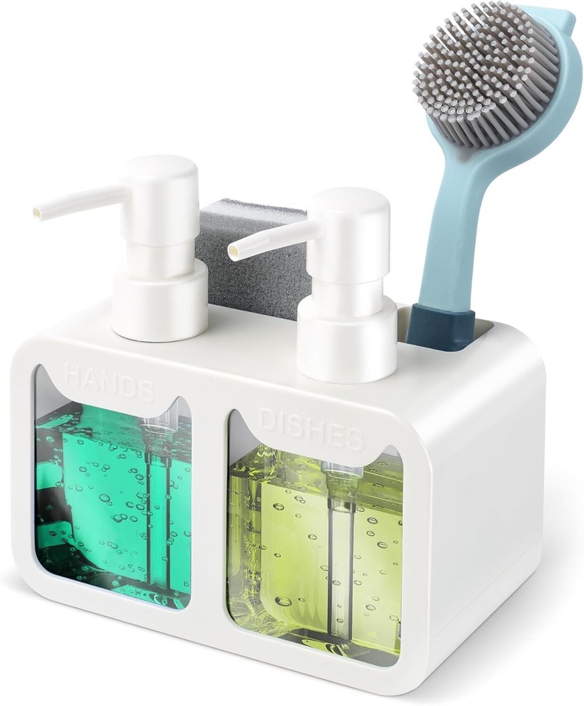 Kitchen Hand Soap and Dish Dispenser Set, Dual with White