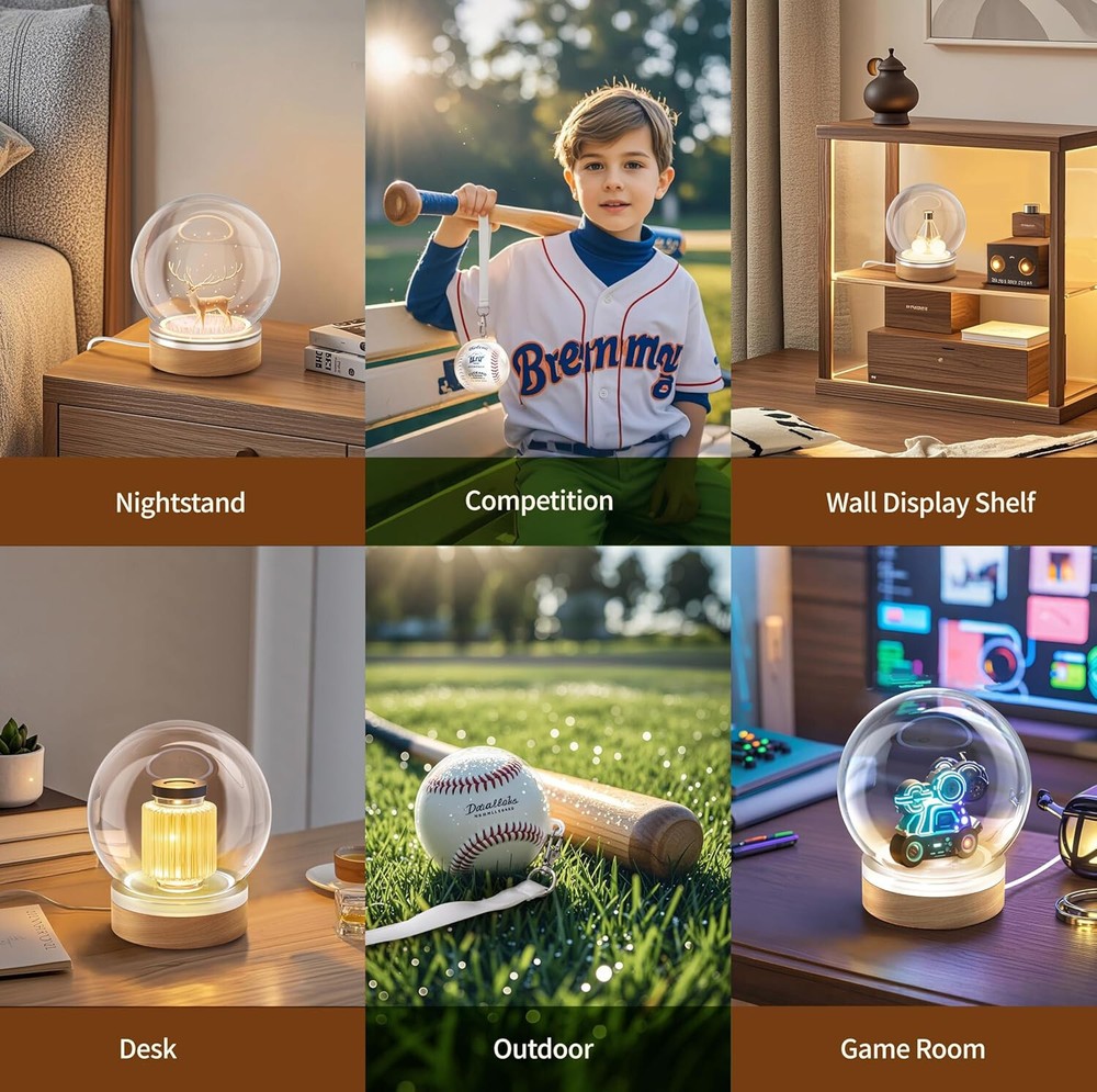 Baseball Display Case with Adjustable LED Lighting, 360° Glass Design Baseball