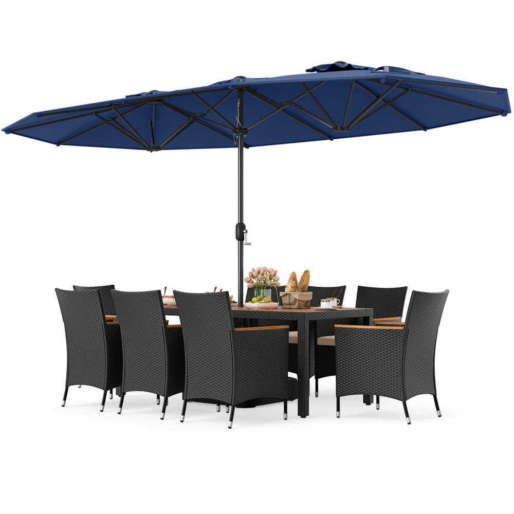 11PCS Patio Wicker Dining Set w/Double-Sided Outdoor Umbrella 8 Stackable Chairs