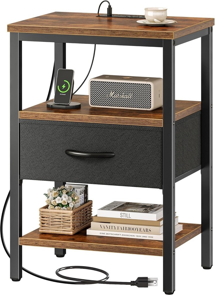 Nightstand with Charging Station, Bed Side Table with Adjustable Fabric Drawe...