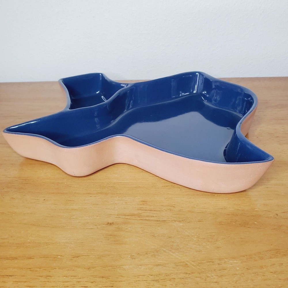 Vintage FRANKOMA Blue Stoneware Serving Dish Divided Bakeware Texas Chip & Dip