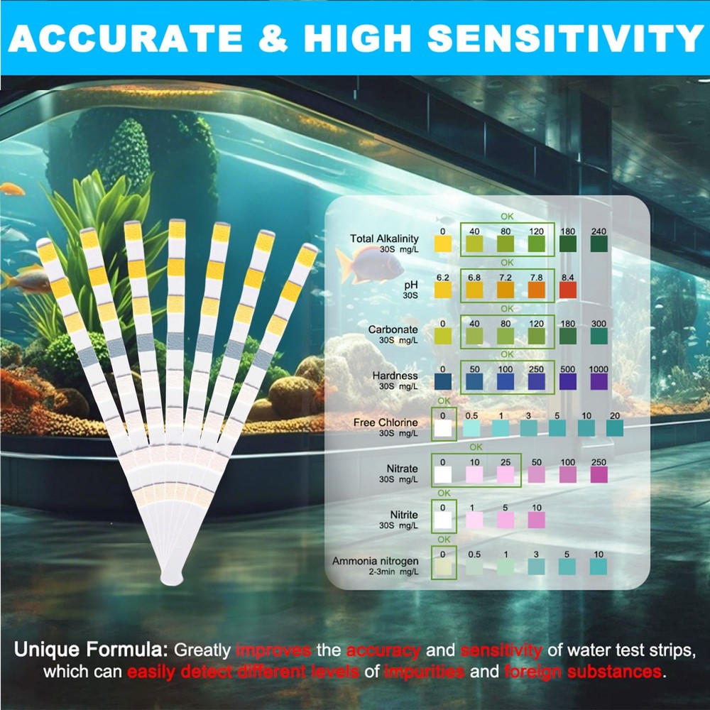 8 in 1 Aquarium Test Strips 100 Pack Fish Tank Water Quality Testing