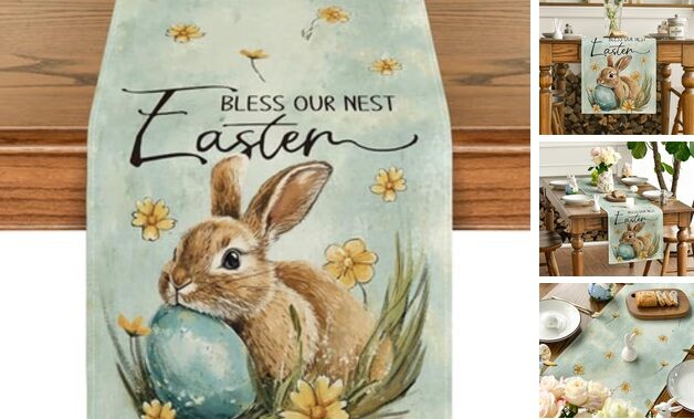 Bunny Rabbit Egg Flowers Easter Table 13" x 90", Table Runner Haze Blue