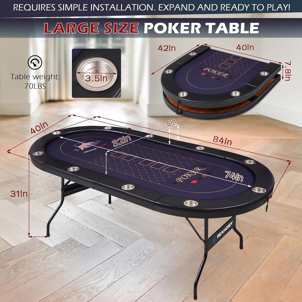 Conveniently Foldable Poker Table with Smooth Felt Surface and Accessories