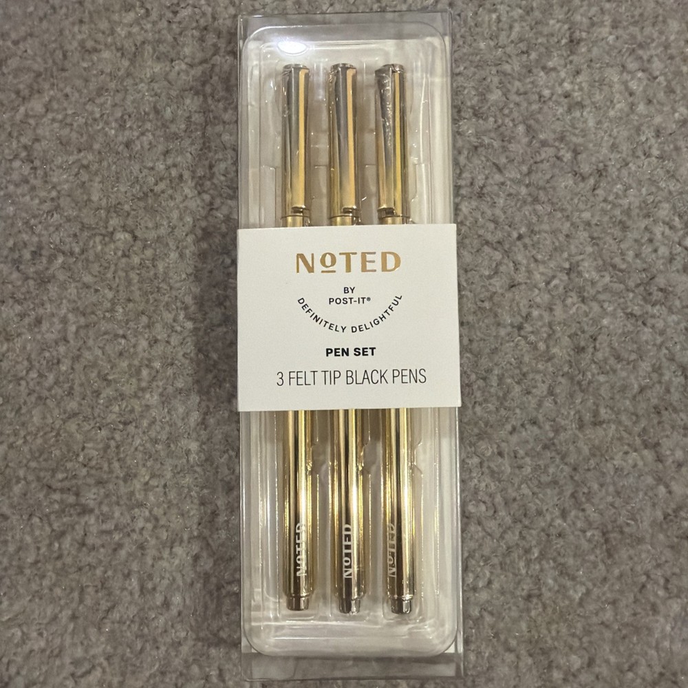 Noted By Post-it  3 Black Felt Tip Pens Gold Barrel