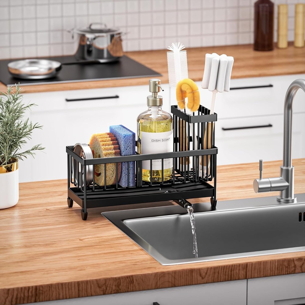 Sponge Holder Kitchen Sink Sink Caddy Organizer High Brush Holder(Black, 9.25″)