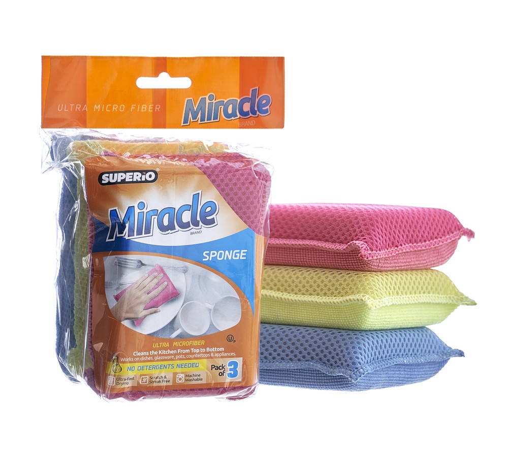Superio Heavy Duty Miracle Microfiber Sponge 3-Pack Red, Yellow, and Blue