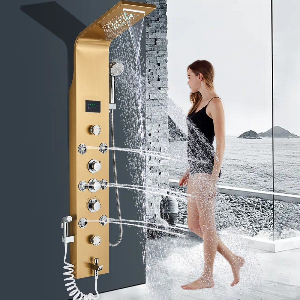 Gold Stainless Steel Shower Panel Tower System LED Rainfall Massage Jet Sprayer