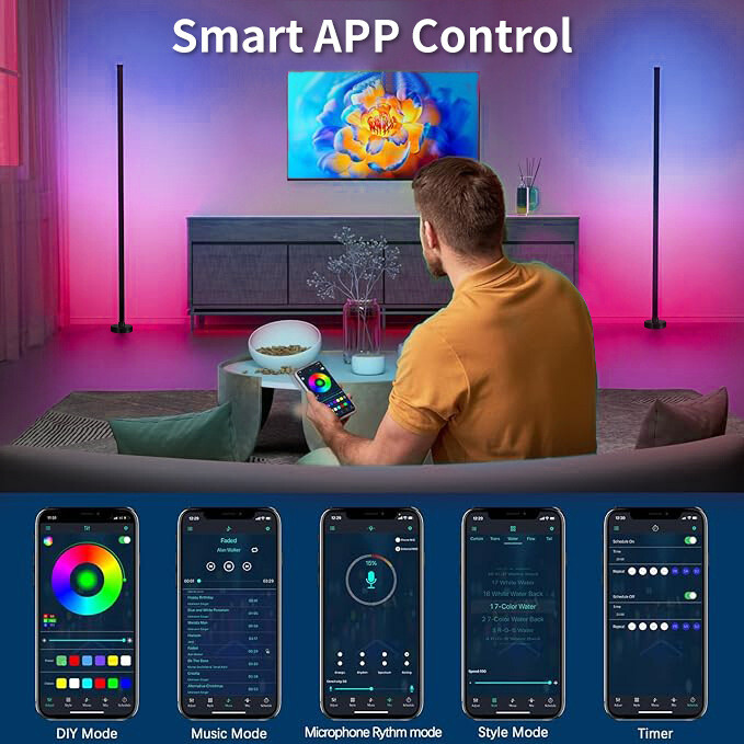 2pc 47" Smart LED Floor Lamp RGB Remote & APP Control Music Sync Corner Lighting