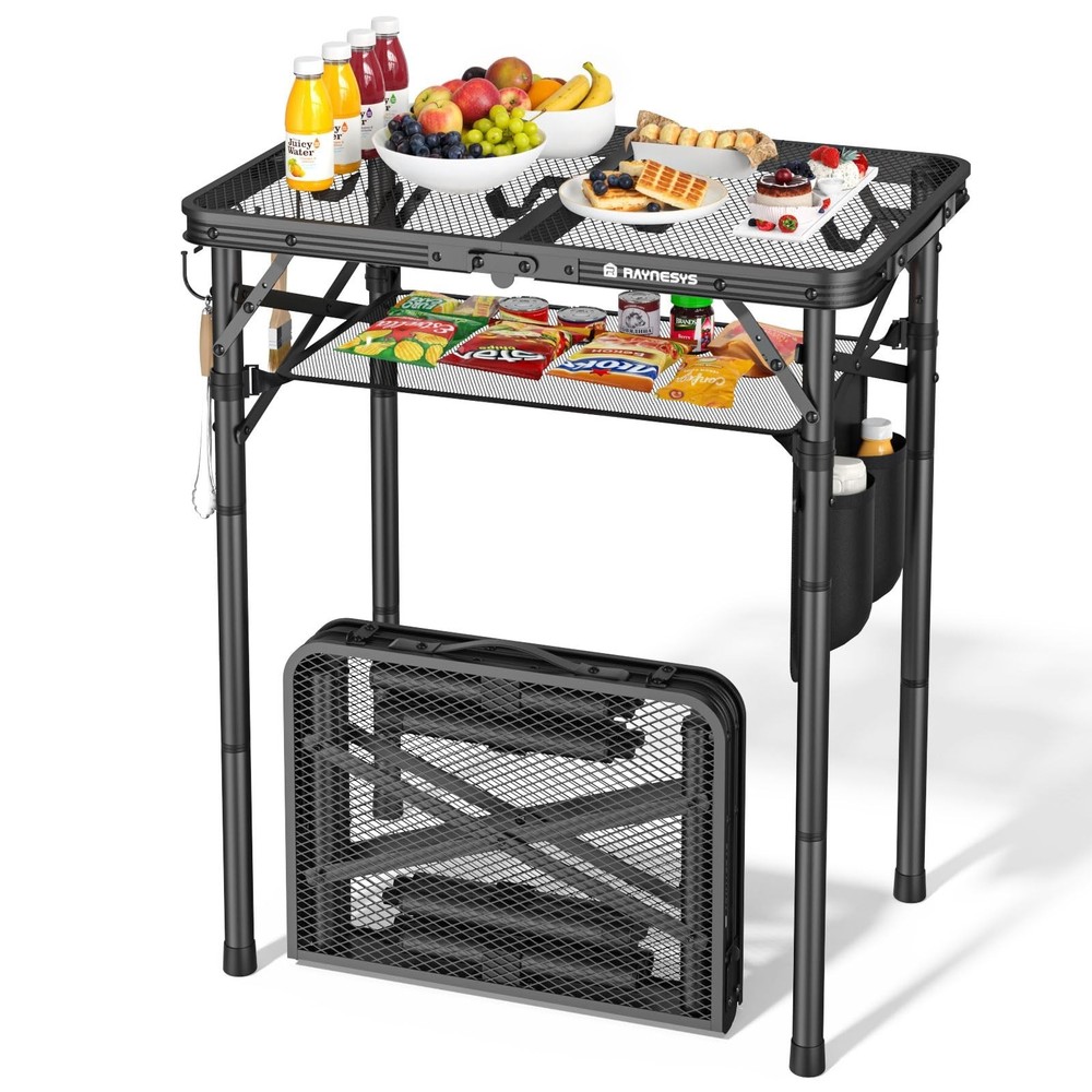 Portable Folding Grill Table - Adjustable Height Camping Table with Mesh Bag, 24