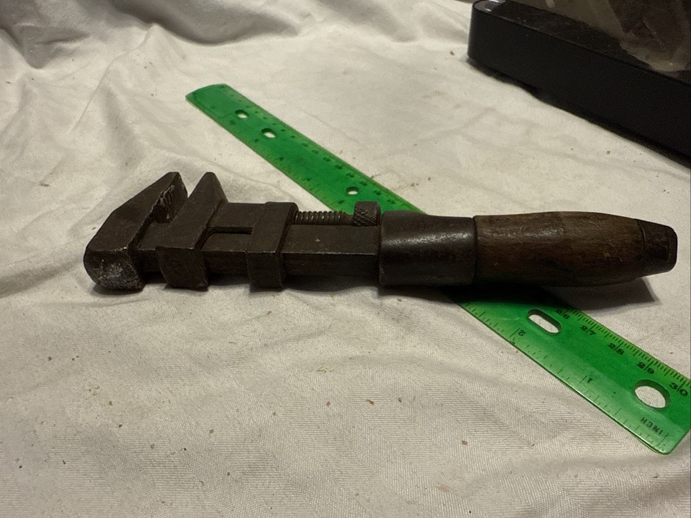 Adjustable 9” Pipe Wrench With Wooden Handle-antique
