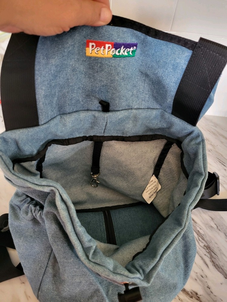 Pet Pocket Carrier Front or Back pack Blue Denim Padded Strap & Base Adjustable