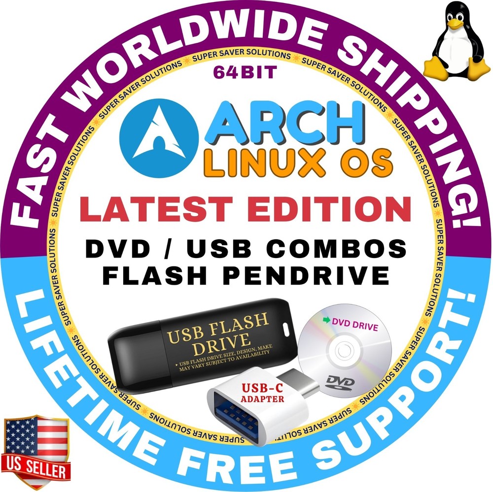 ARCH LINUX OS LATEST BUILD DVD/USB COMBOS, FAST SHIPPING