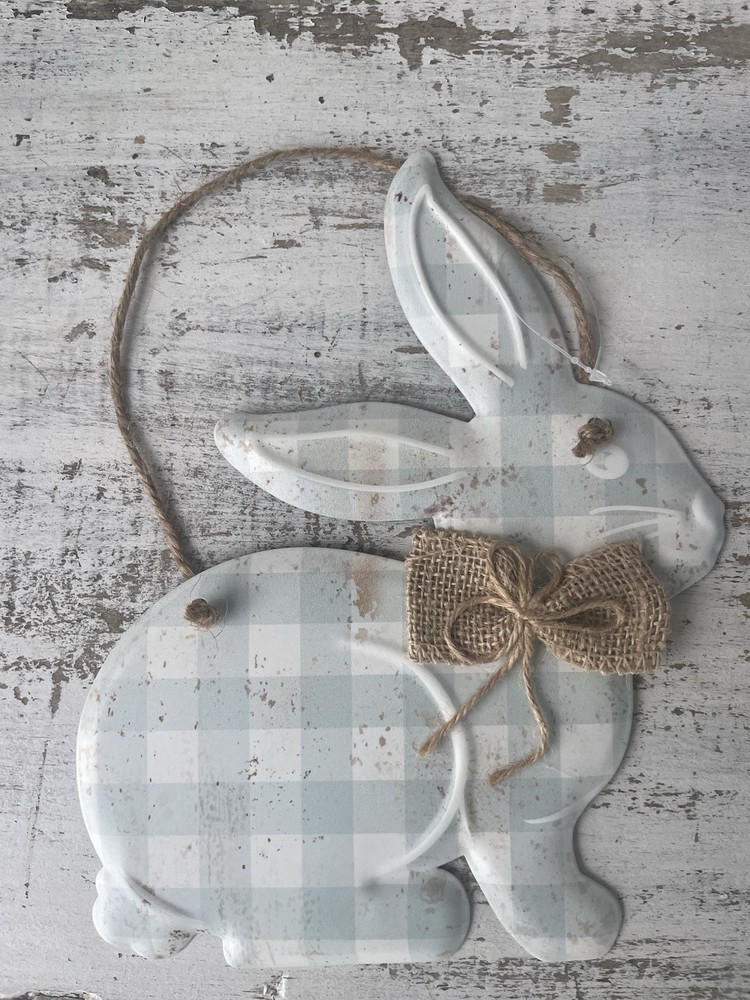 Spring Blue Gingham Hanging Metal Bunny