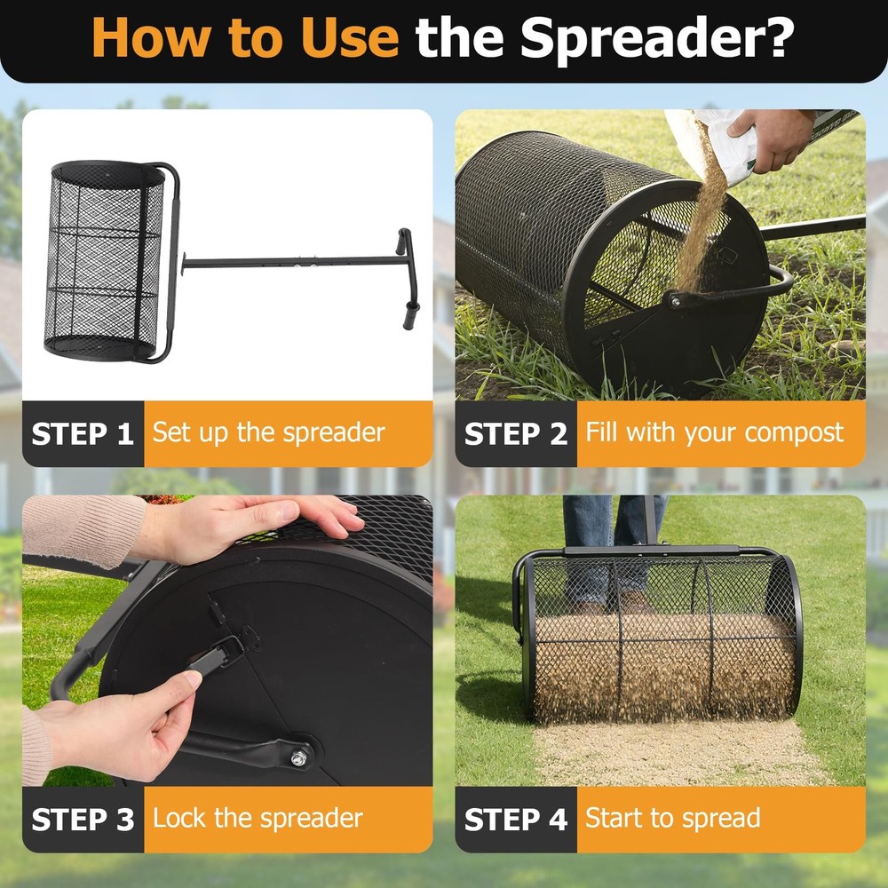 Compost Spreader 24in Peat Moss Spreader - U Shaped Comfortable Handle & Adju...