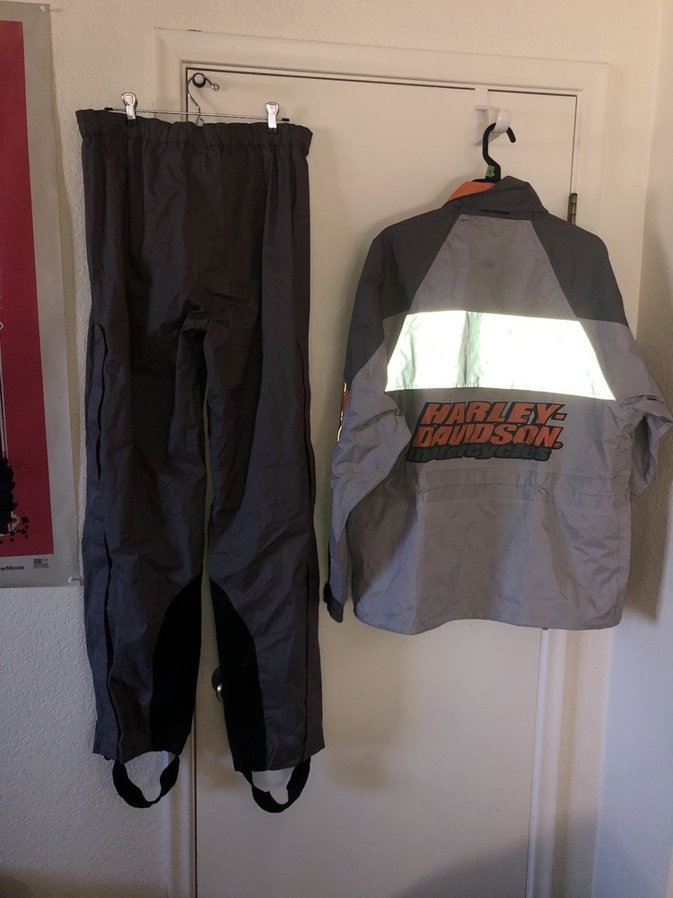 Harley Davidson Riding Rain Suit Jacket Pants Set Size Medium Reflective Gray