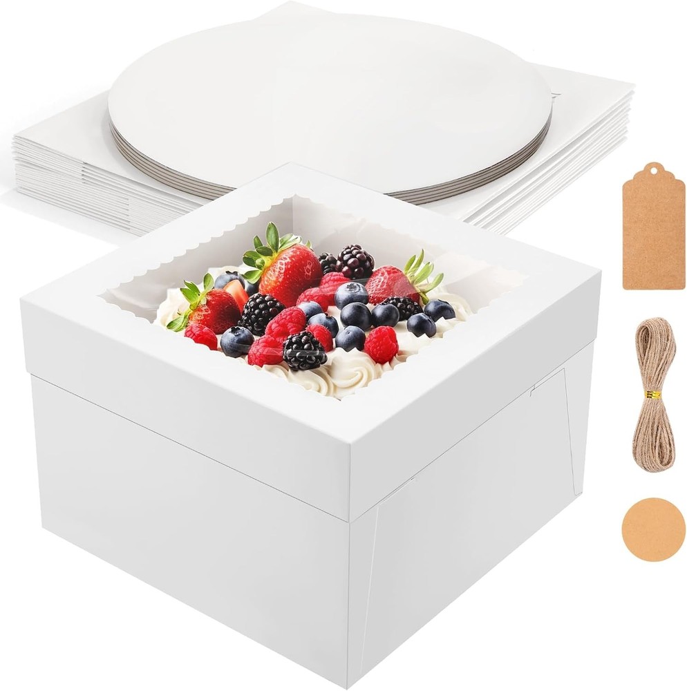 Cake Boxes with Cake Boards, 12x12x8 Inch White Bakery Boxes with