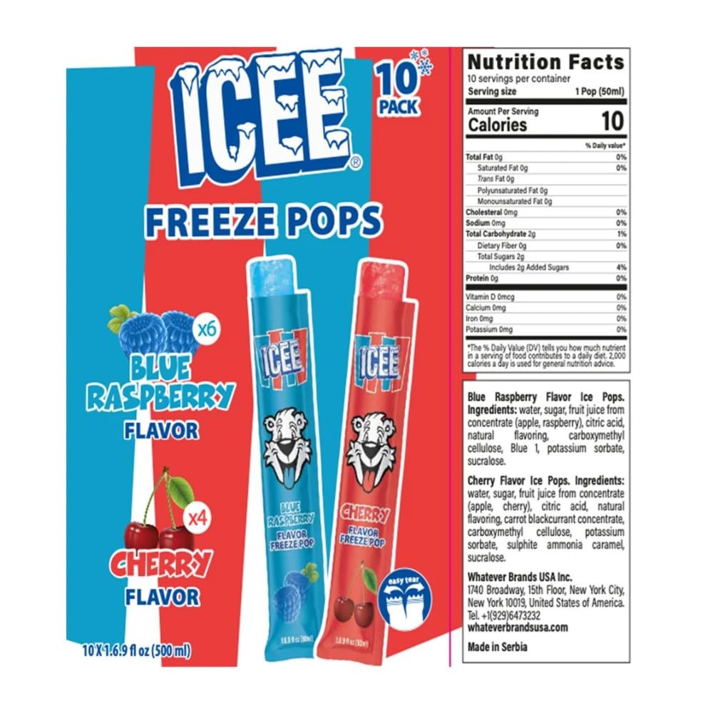 ICEE Freeze Pops – Blue Raspberry & Cherry Variety, 10 Pack | Vegan, 10-Pack