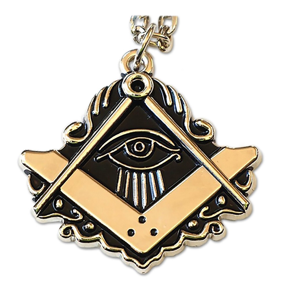All Seeing Eye Square & Compass Masonic Necklace - [Silver & Black][2'' Wide]