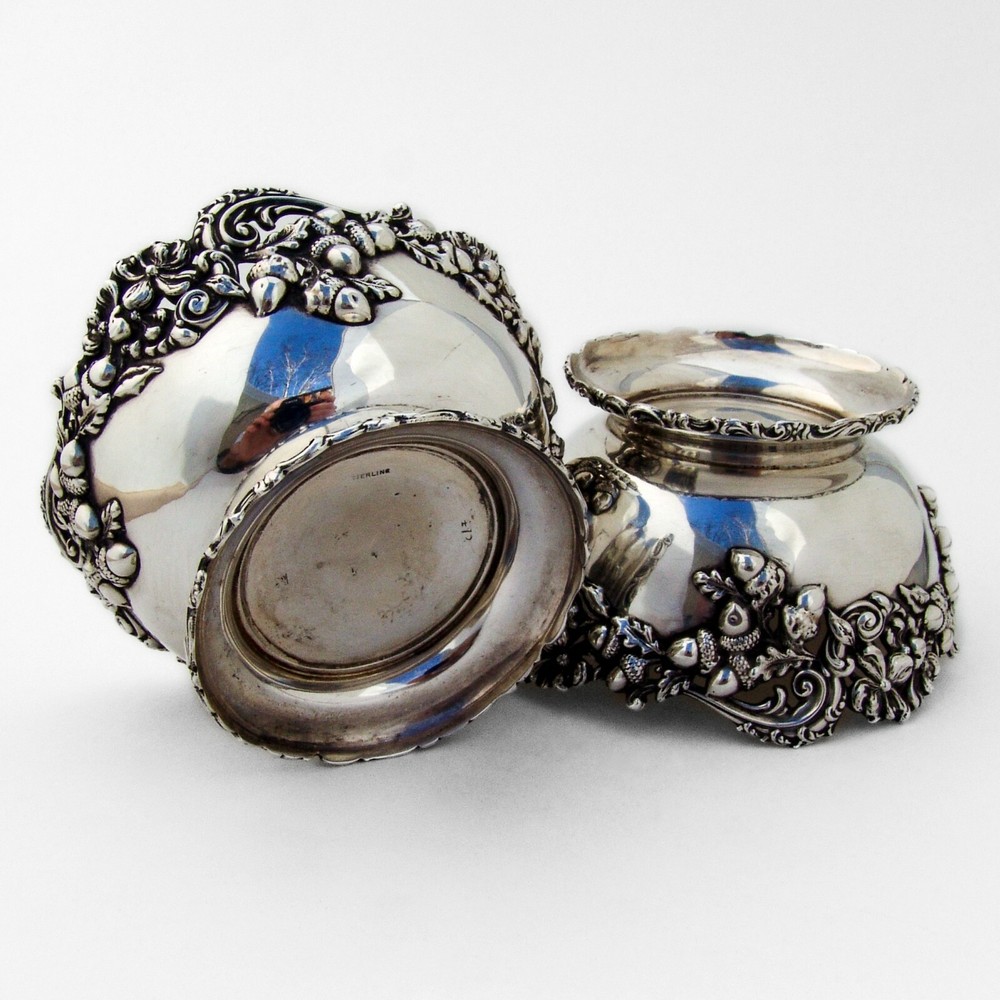 Applied Acorn Border Footed Bowls Pair Sterling Silver
