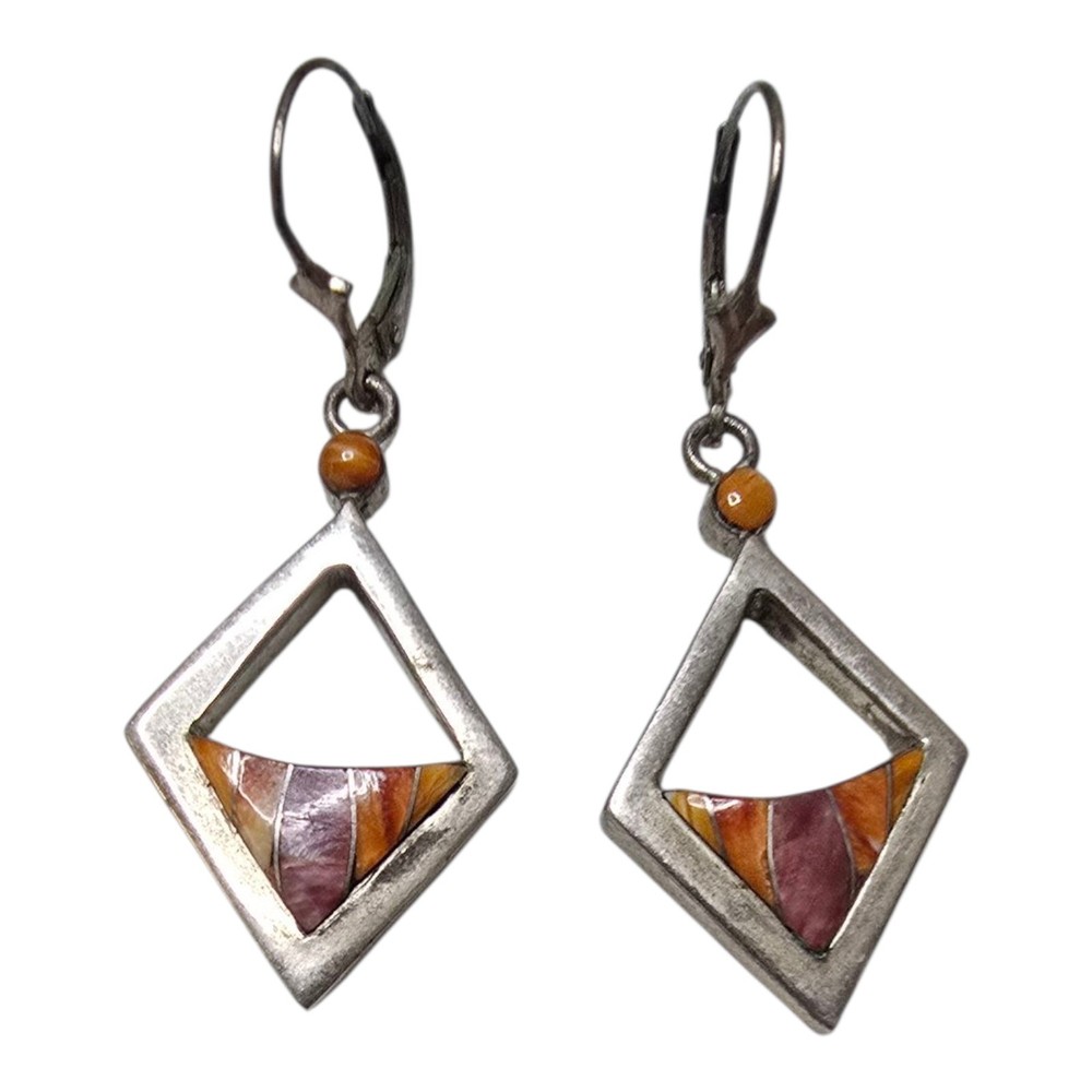 Signed Vintage Native Navajo Spiny Oyster Shell Diamond Shape Earrings Ted Ott