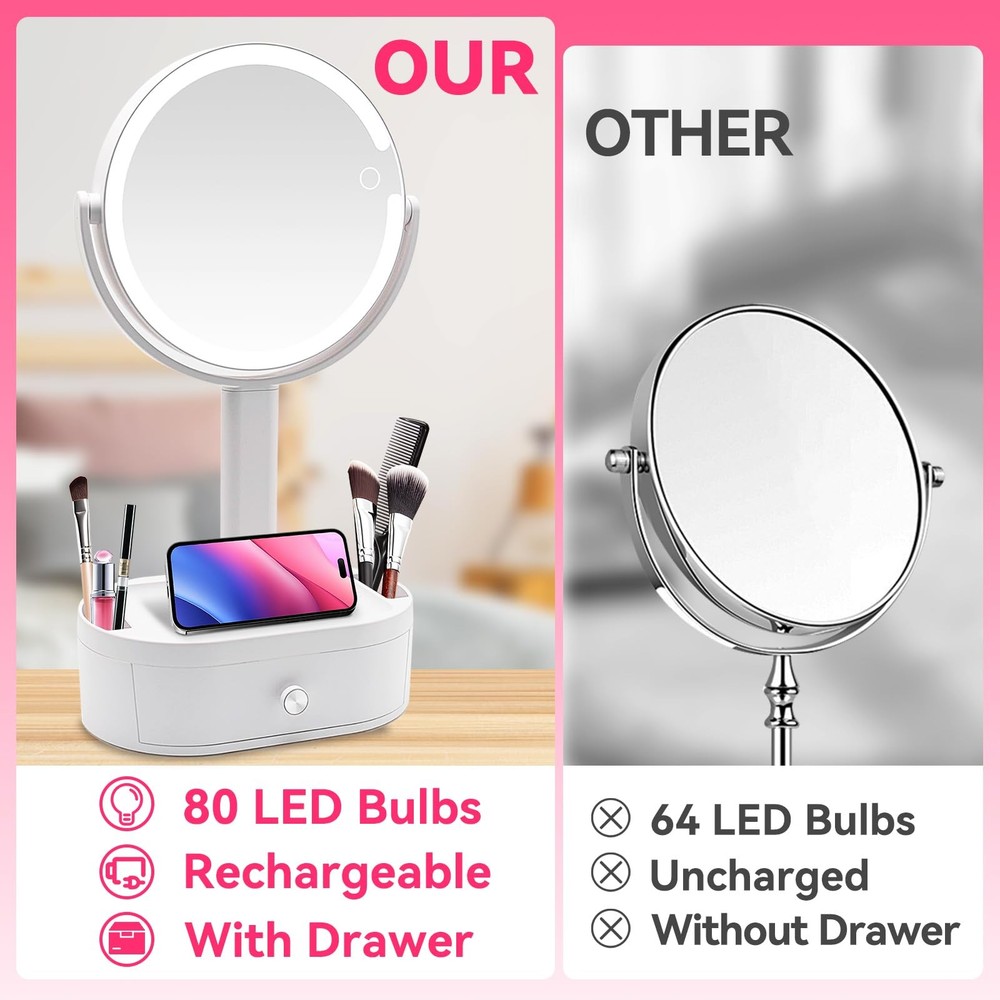 10X Magnifying Makeup Mirror, 80 LED, 3 Color Modes, Stepless Dimming, Base