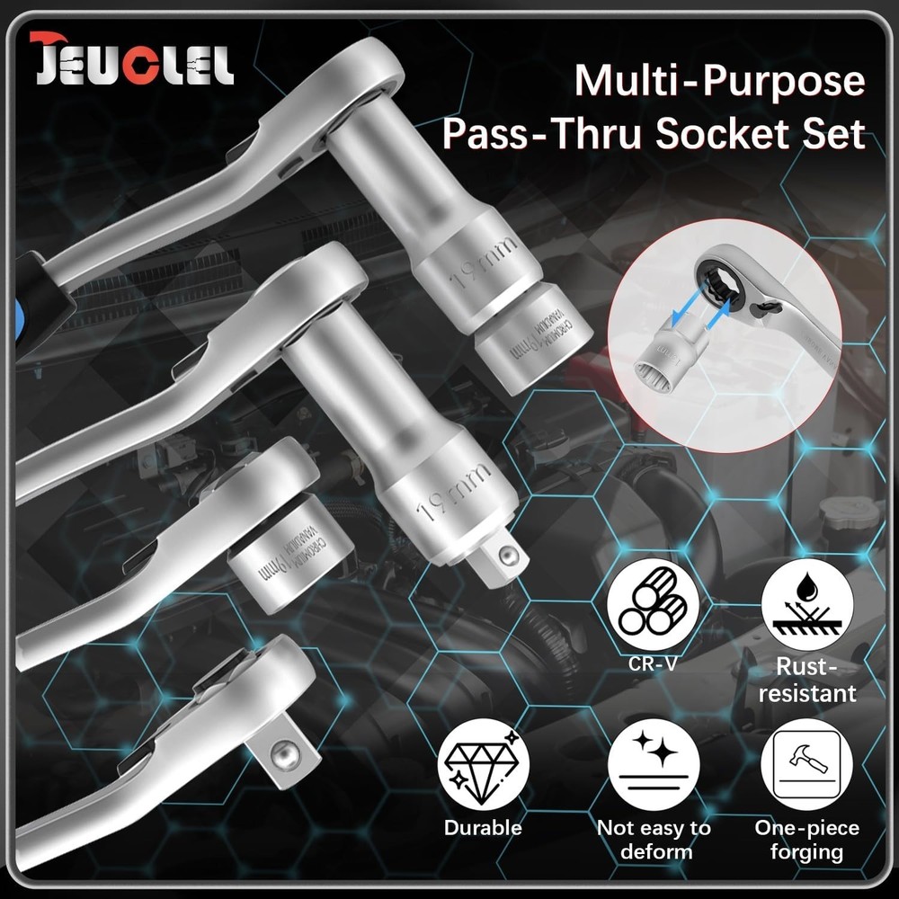 17PCS Pass Through Socket Set Chrome Vanadium Steel Space-Saving Efficient Grip