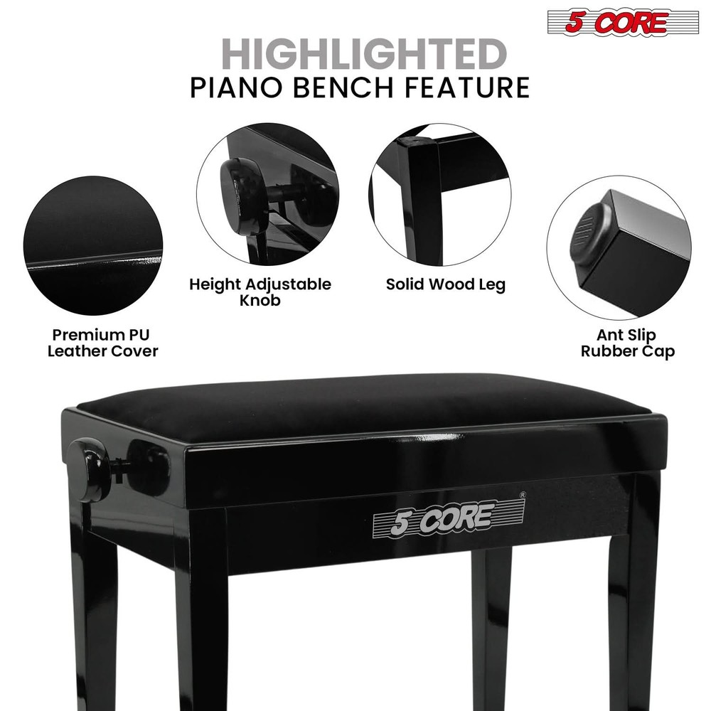 5 Core Piano Bench Height Adjustable Padded Cushion Solid Wood Keyboard Stool