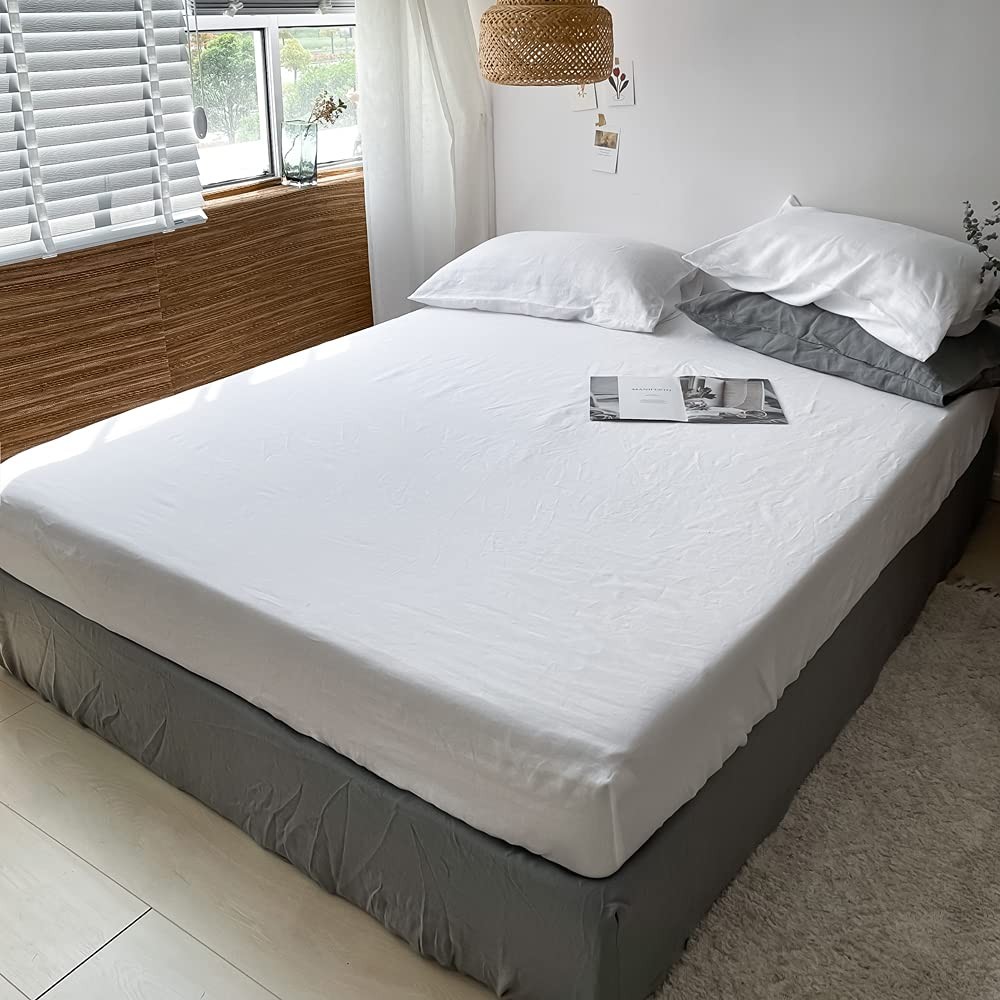 100% Linen Fitted Sheet Stone Washed Solid Color - (1 Piece) 14 inch Deep Poc...